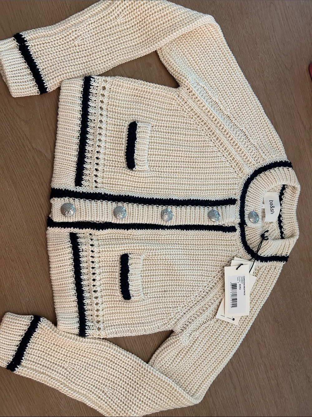 Ba&sh Cream Knit Cardigan with Black Trim